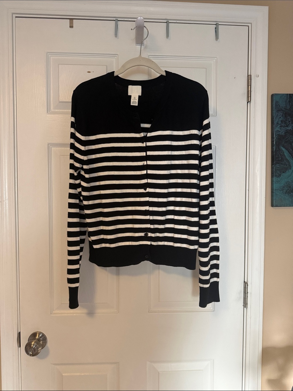H&M Black and White Striped Button-Front Cardigan